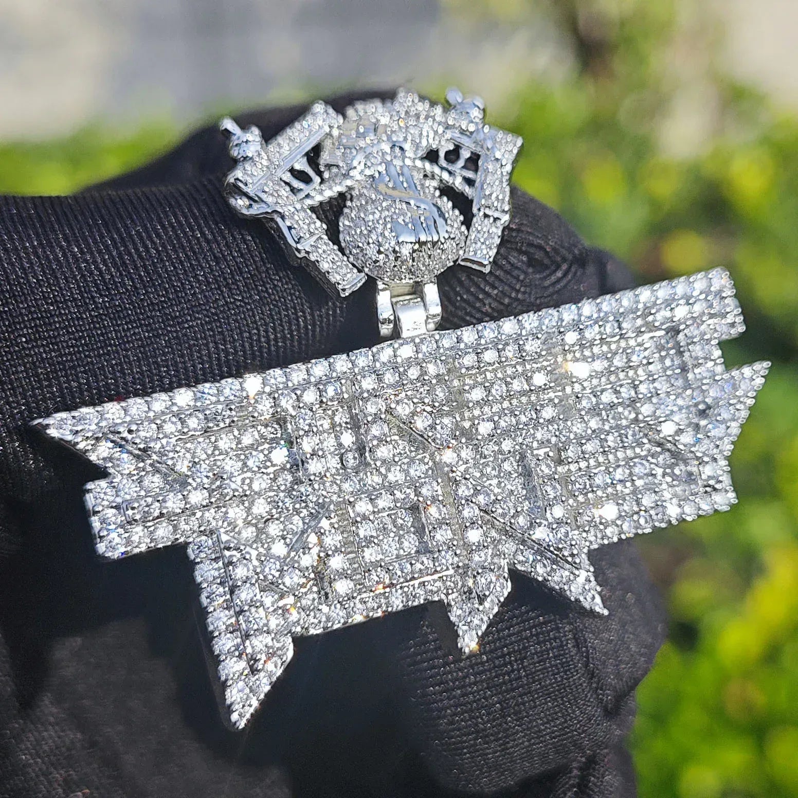 Iced Out Double Gun & Money Bag Letter Pendant Necklace – Hip Hop CZ Copper Jewelry for Men - CaratixJewelry